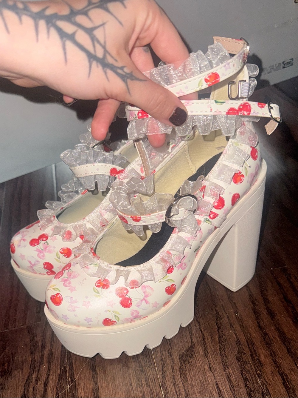 White Cherry Print Platform Mary Jane Heels